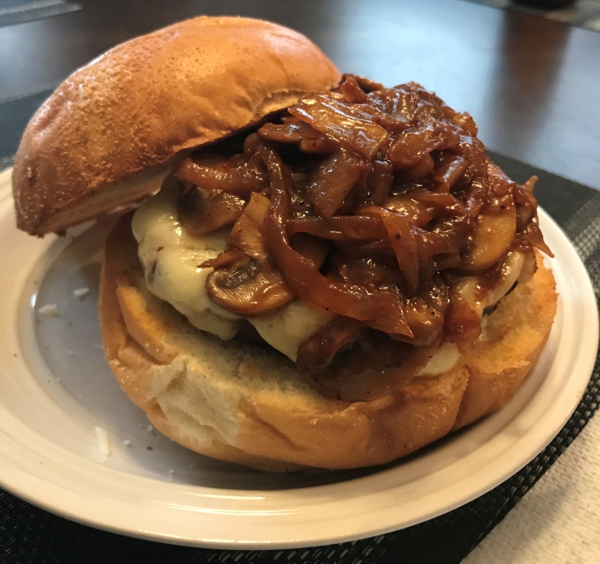 Mozzarella Burger with Grilled Onions and Mushroms